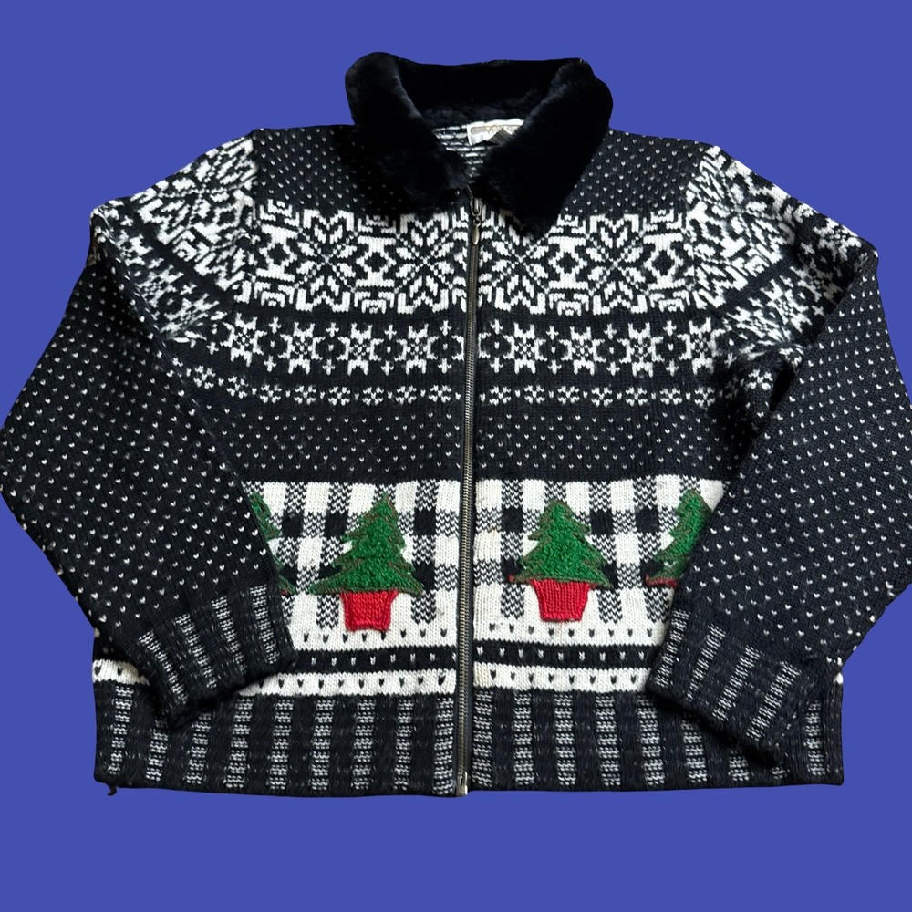 Vintage Cambridge Dry Goods Womens Full Zip Sweater L Wool Black White Christmas